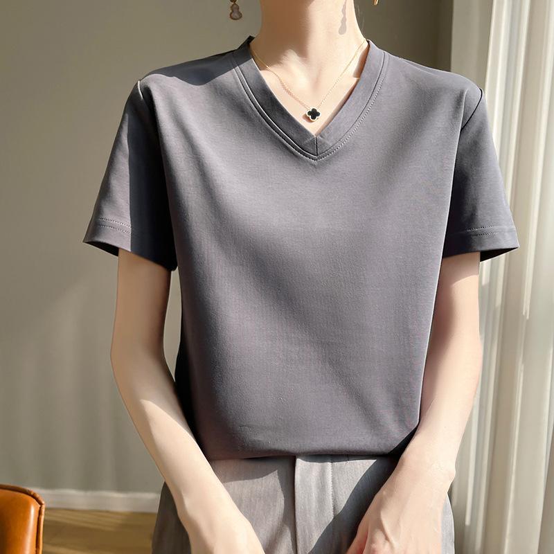 High-Quality Women's V-Neck Short-Sleeve Mercerized Cotton T-Shirt: Non-See-Through, Casual, Sweat-Absorbent, Breathable, Versatile Fit.