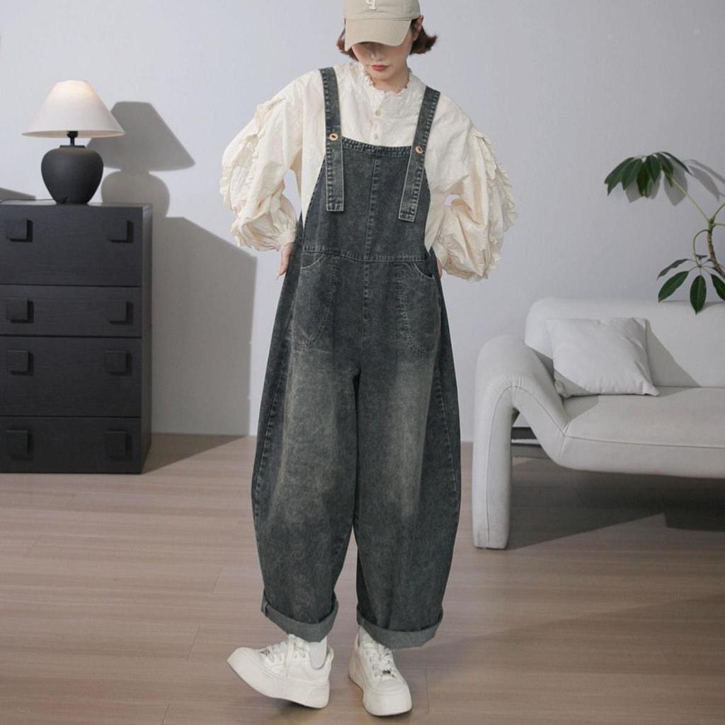 Age-reducing and Meat-covering Denim Overalls, Loose Western Style, Thin Literary Retro Harlan High-waisted Jumpsuit