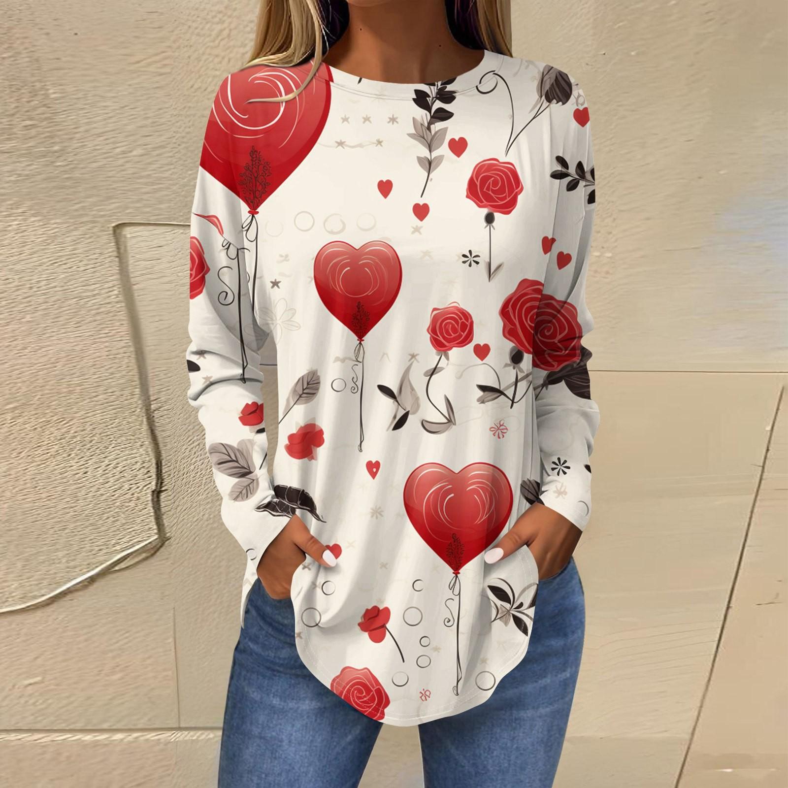 

Women s Fashion Valentine s Day Love Heart Print Long Sleeve Loose Round Neck Long T-Shirt Top L білий