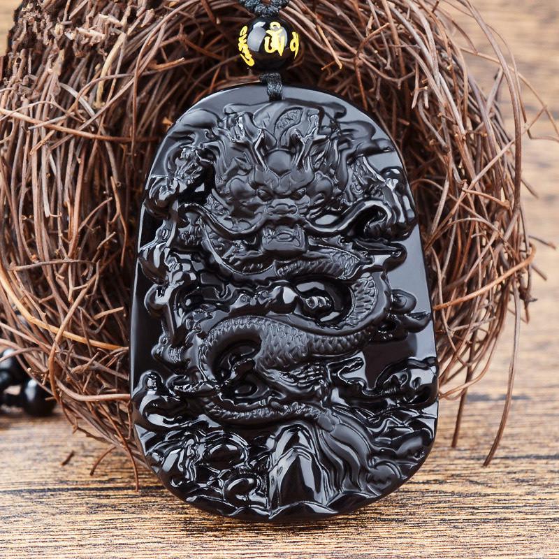 Natural Black Obsidian Chinese Dragon Pendant Jade Necklace Jewelry Amulet Lucky Mens Gift