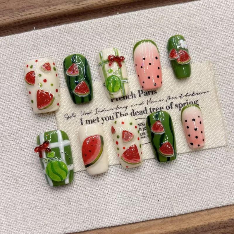 Handmade Press-On Nails Watermelon Cute Style Short Almond Shape Nail Art Women Girls