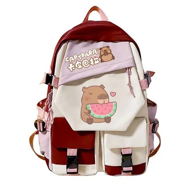 Capybara Puffer Fish Watermelon Female Cartoon Printed Backpack Cartoon Capybara Schoolbag Men And Women красный