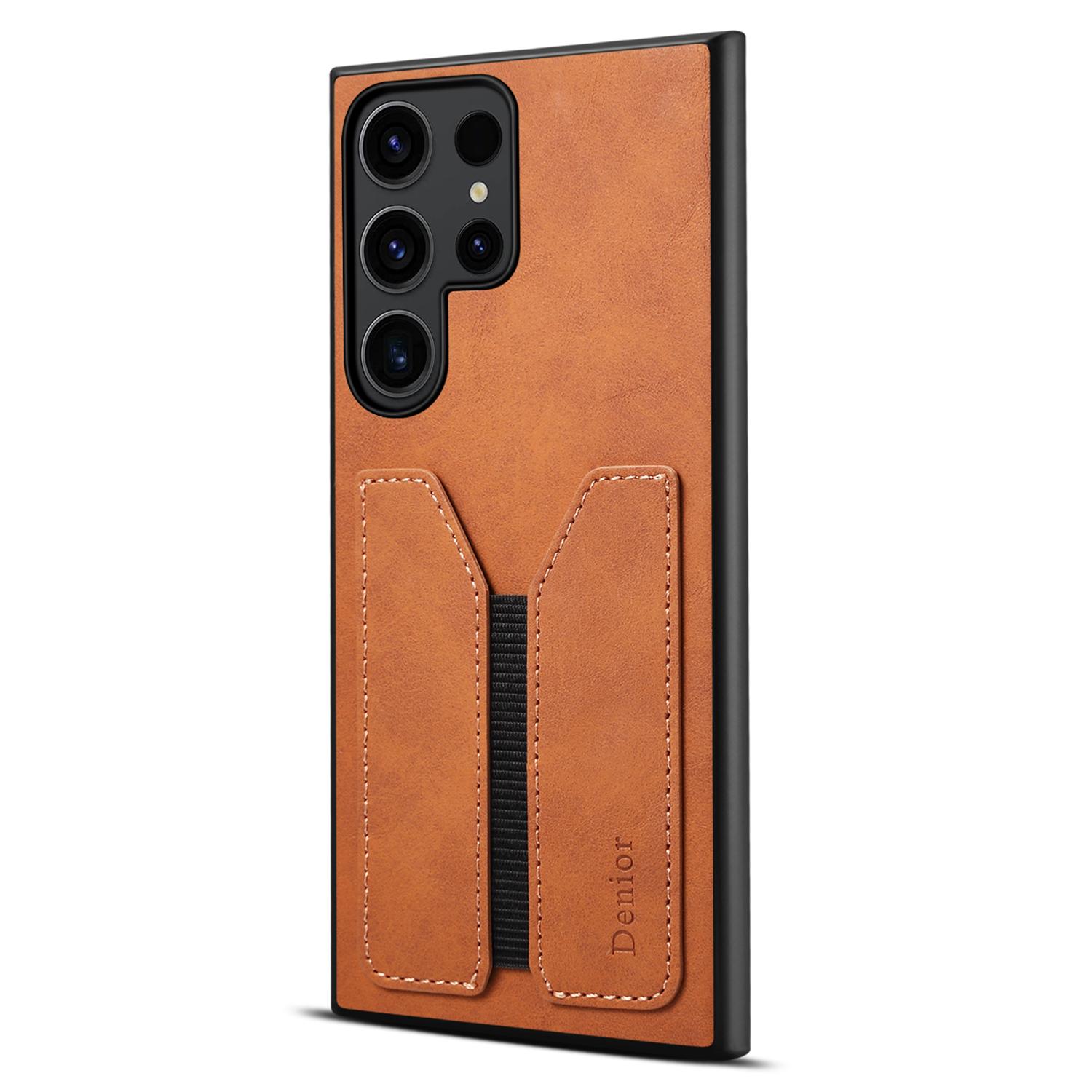 

For Samsung Galaxy S25 Ultra Case Elastic Card Holder PU Leather+TPU+PC Phone Cover Brown