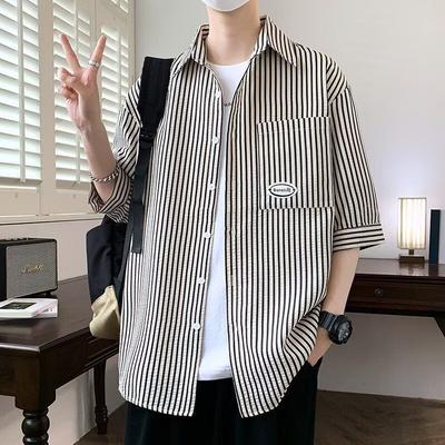 Men's New Summer Youth Loose Striped Short Sleeve Casual Thin Breathable Lightweight Everyday