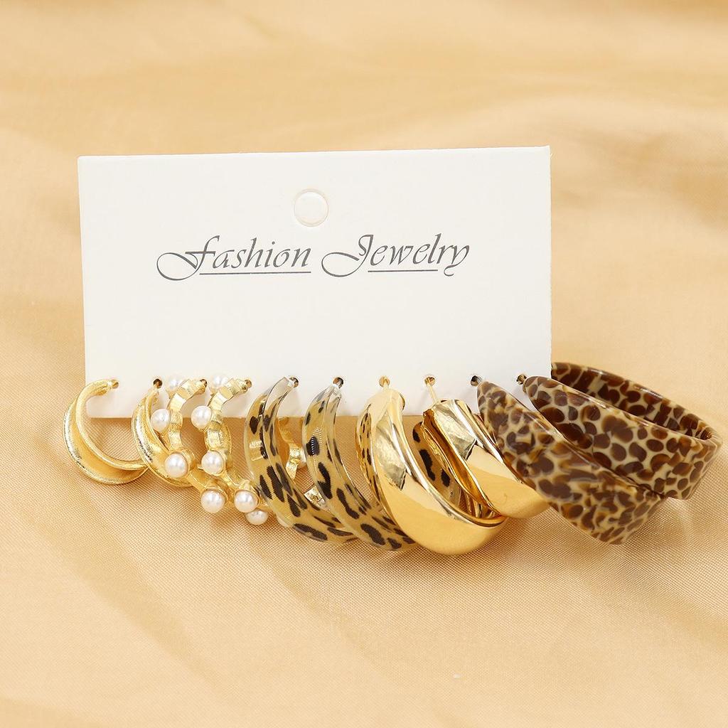 European & American Geometric C-Shaped Hoop Earrings: 6-Piece Gold & Pearl Wire-Wrapped Set for Women