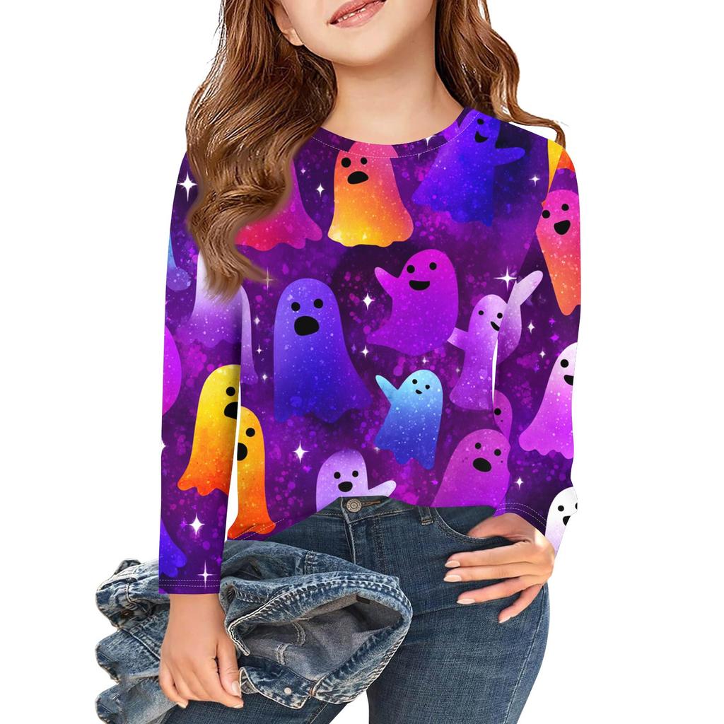 Mädchen Langarm T-Shirts Kinder Herbst Tops Rundhalsausschnitt Halloween Bedruckt Basic Tees 3-9J
