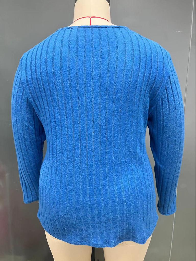 2025 Autumn/Winter Plus Size Solid Color V-Neck Long Sleeve Ribbed Pullover T-shirt