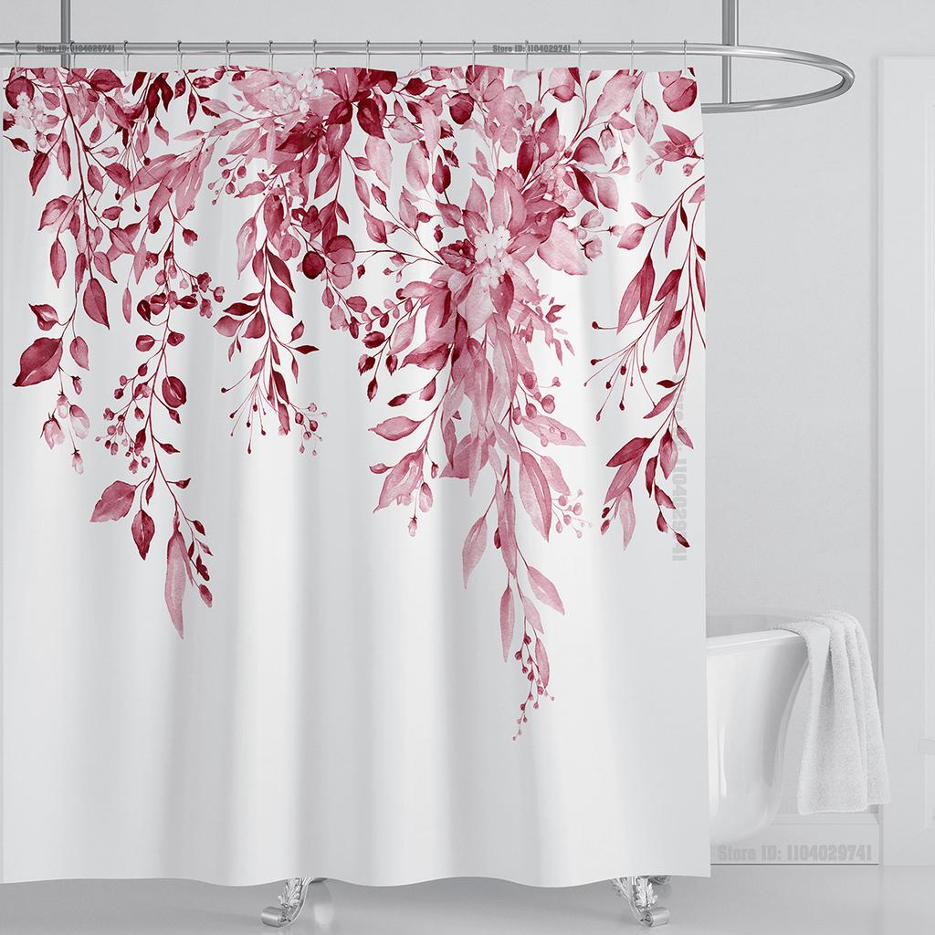 Emerald Green Eucalyptus Shower Curtain Fabric, Watercolor Plant Leaves with Floral Bathroom Shower Curtain Set with Hooks