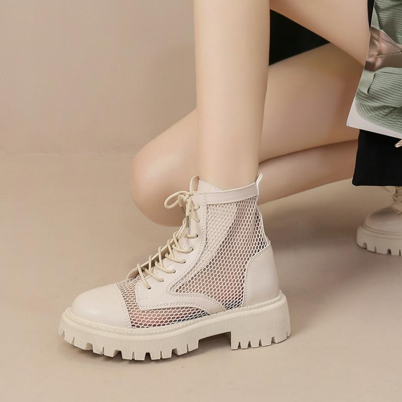 2025 Summer New Round Head Mesh Breathable Lace Up Back Zipper Versatile Cool Boots Thick Sole Comfortable Single Shoe Women