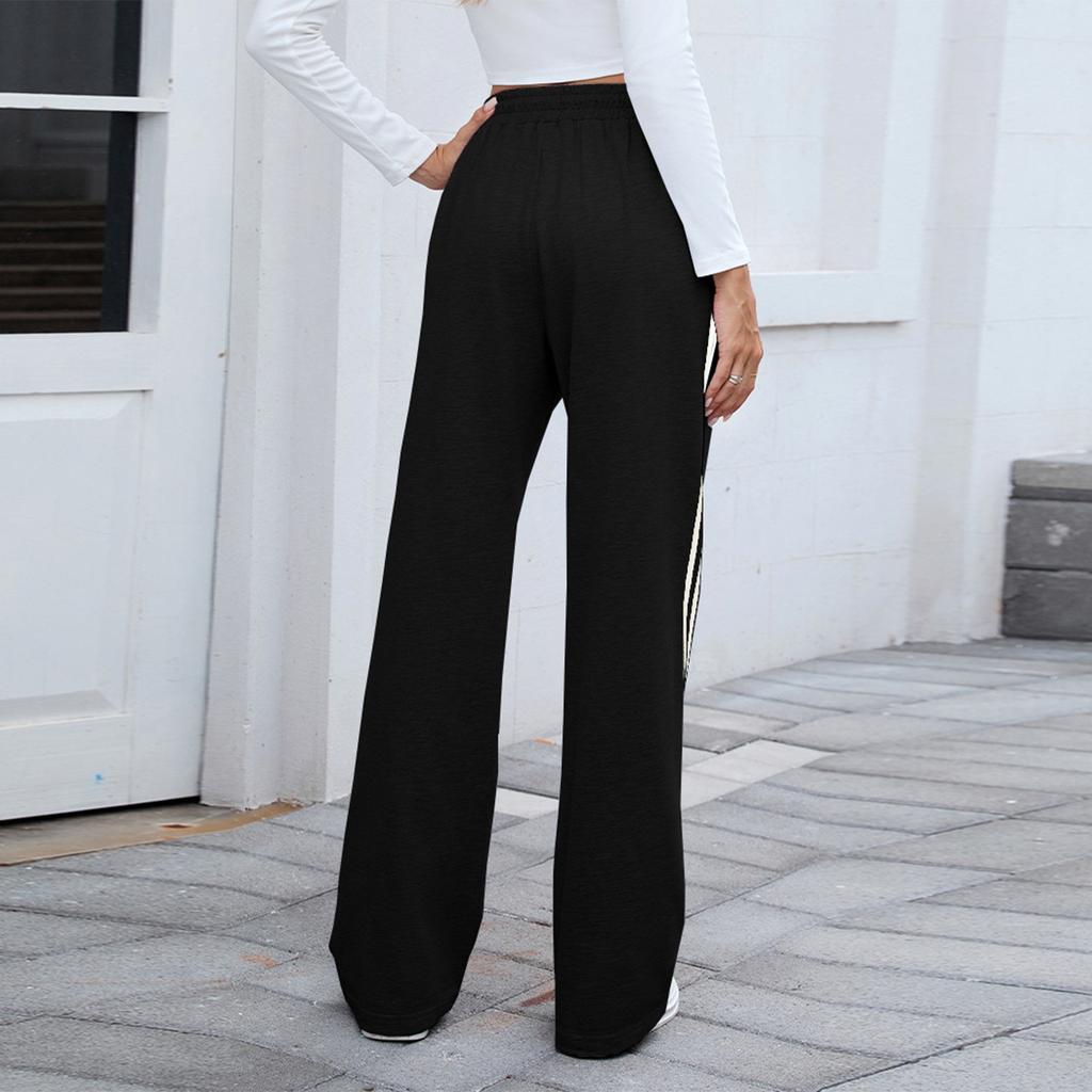 Women's Fashionable Solid Color Pocket Straight Leg Elastic Waist Casual Pants