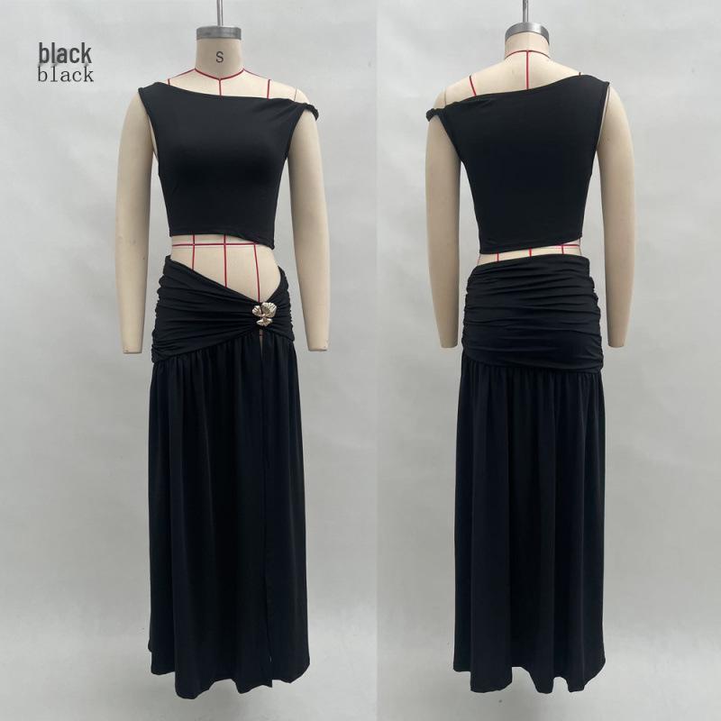 2025 Stylish European & American Women's One-Shoulder Crop Top and Slim-Fit Side Split Skirt Set
