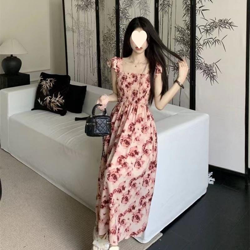 Super fairy Mori dress summer new small flying sleeves sweet temperament gentle wind floral medium and long dress