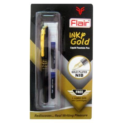 Flair Inky Gold Liquid Fountain Pen Blue Ink Cartridge Based Smooth Writing For Office School And Daily Use