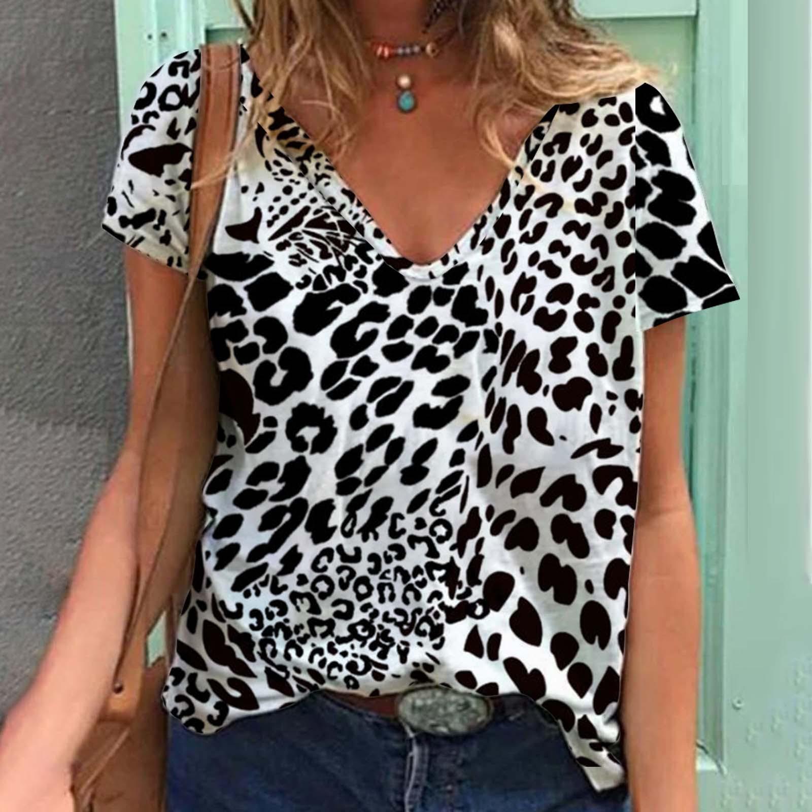 

Жіноча футболка з короткими рукавами з 3D-леопардовим принтом і v-подібним вирізом, літня парна футболка для любителів 5XL