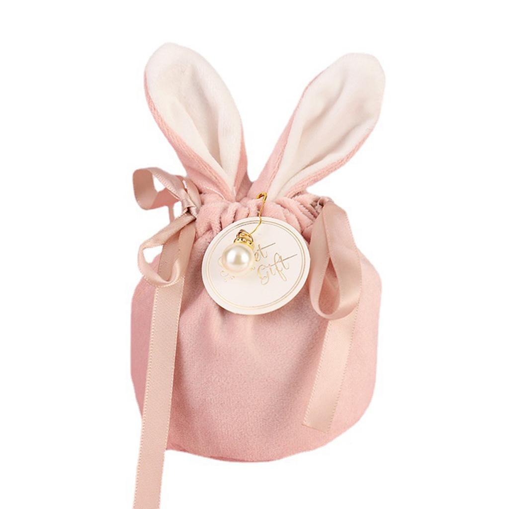 Flannel Bunny Ear Gift Bag Rabbit Ear Wedding Candy Bag with Card Pearl Drawstring Design Soft for Wedding Birthday