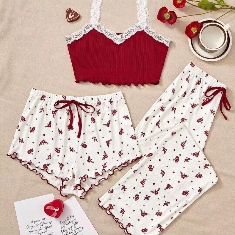 

Комплект из трех предметов пижамный комплект женский принтованный жилет шорты и штаны пижамы парный комплект из мягкой рубчатой ткани повседневная домашняя одежда для сна XL красный