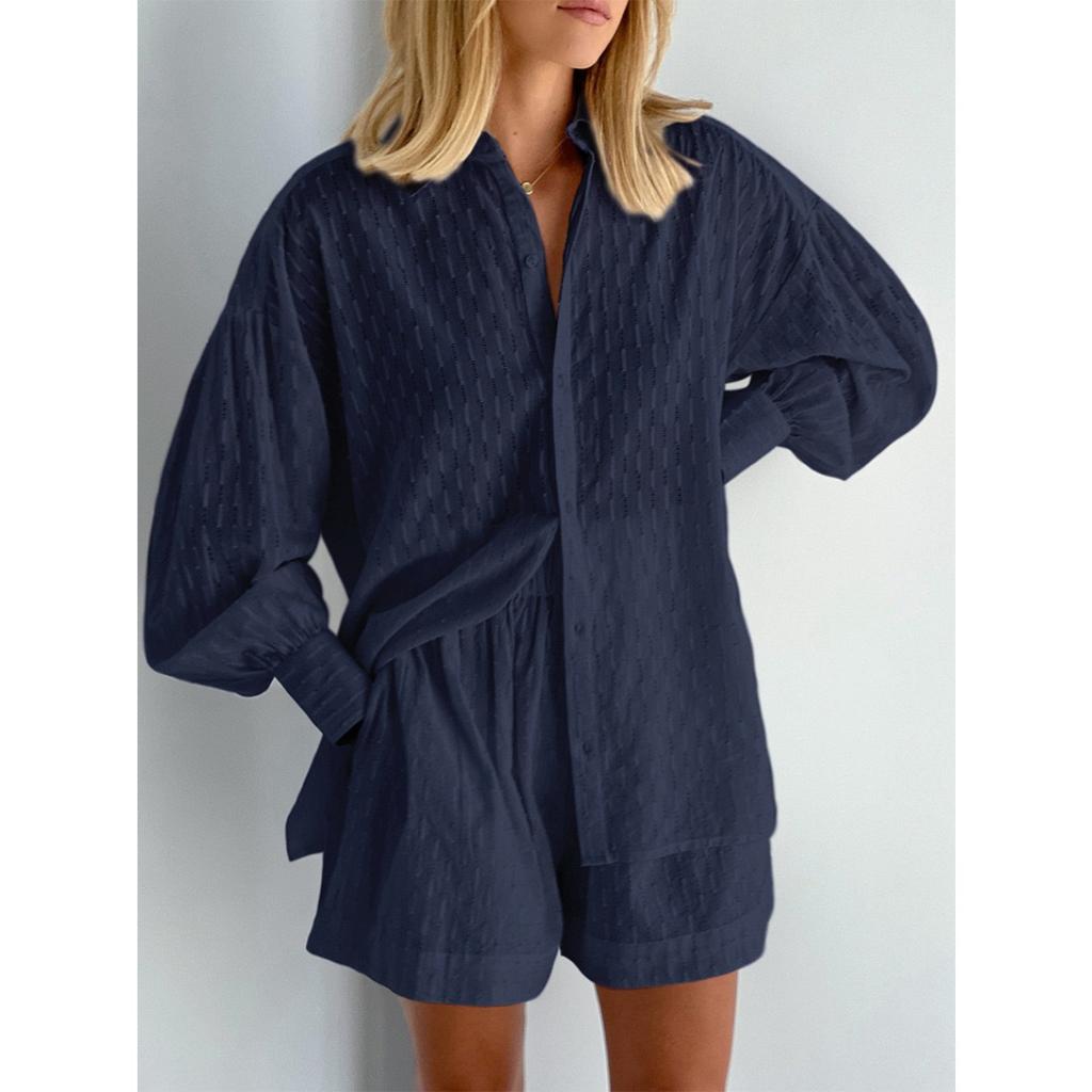 Women's Clothing, Shirts, Jacquard, Bubble Sleeves, Tops, Shorts, Casual Suits