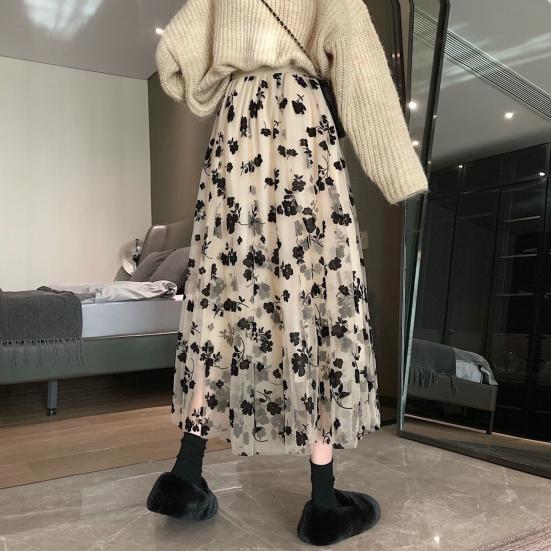 Kjolar Dam Blommig Tryck Chiffong A-Linje Kjol Elastisk Hög Midja Ledig Midi Kjol Kläder Jupe Plus Storlek