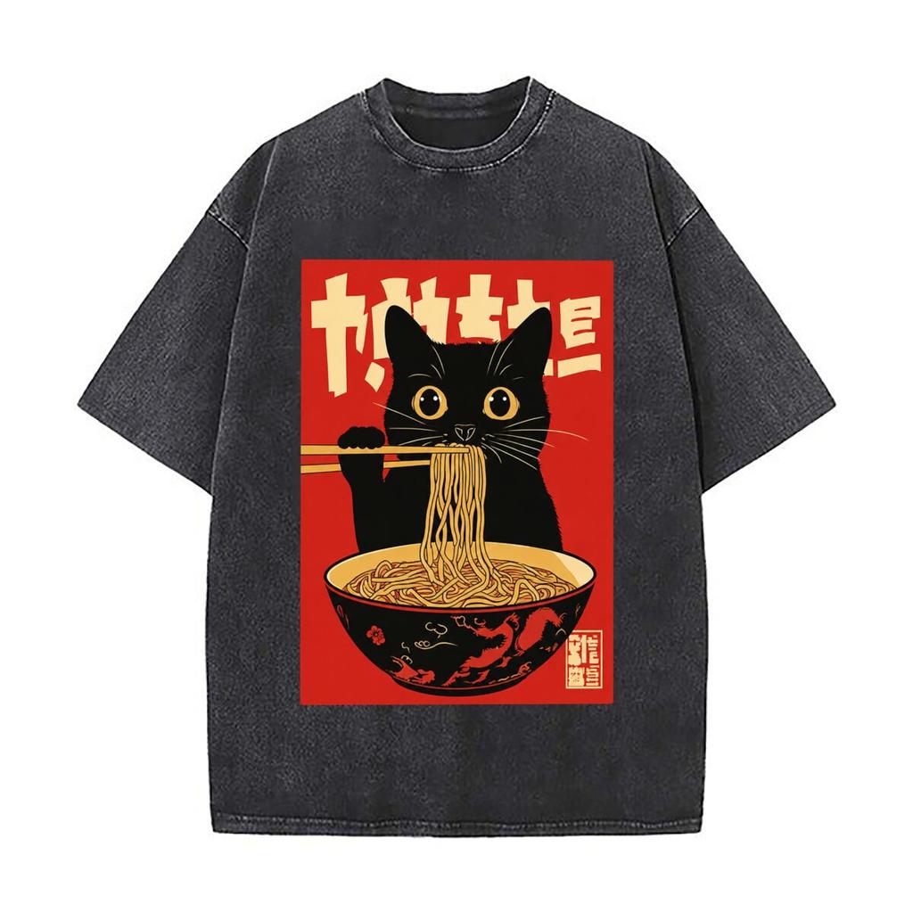 Black Cat Eating Ramen Japanese Noodle Bowl Dragon Artwork Washed Vintage Short Sleeve Loose Streetwear Tee