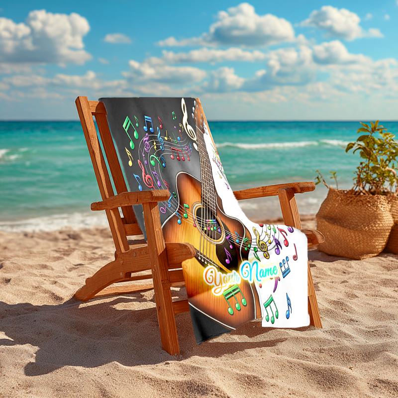 1PC Custom Name Music Notes Guitar Artwork Beach Towel Highly Absorbent And Sand-Resistant Towel for Swimming, Pool, Yoga, And Travel Lightweight