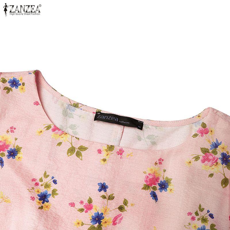ZANZEA Women Casual Round Neck Floral Print Loose Short Sleeve Dress