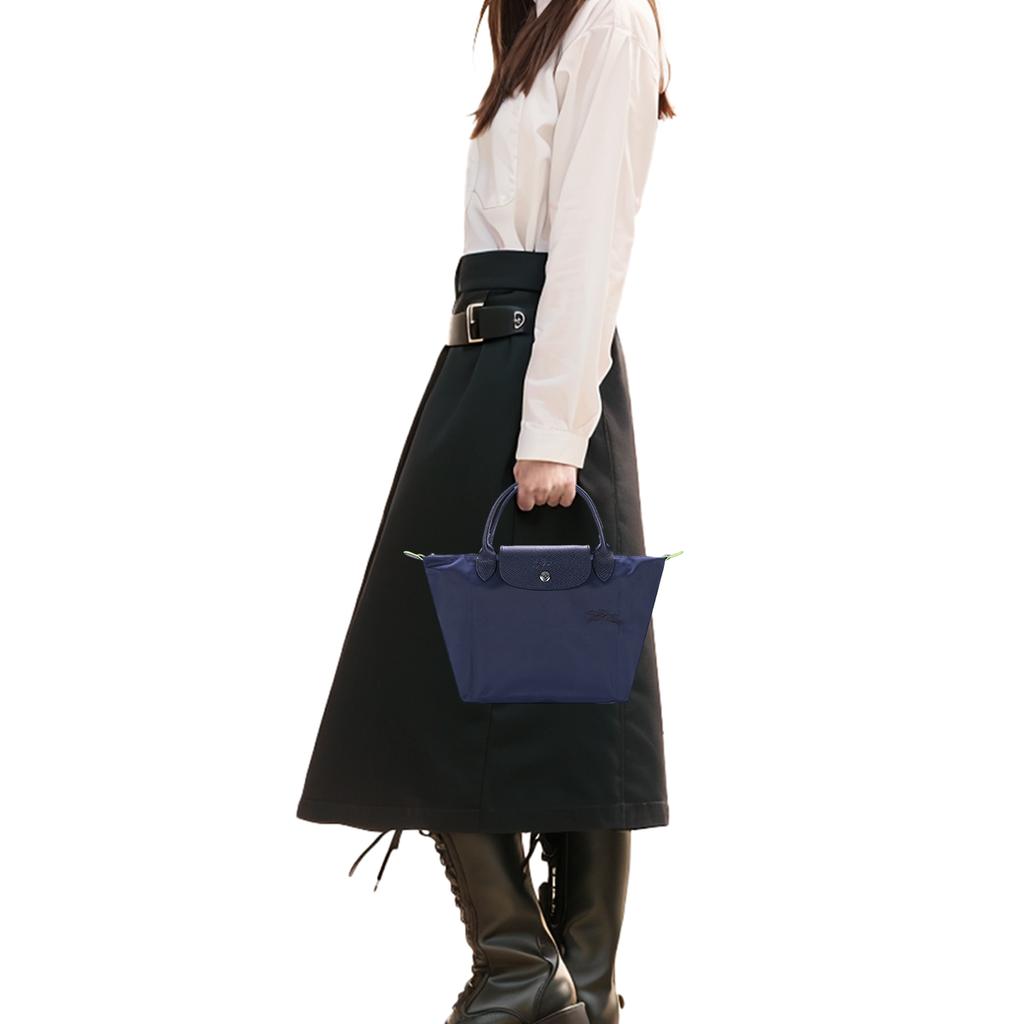 Longchamp Le Pliage Series Solid Color Short Handle Zipper Button Canvas And Leather Dumpling Tote Bag Small Women Tote Bags Navy-Blue 1621919P68