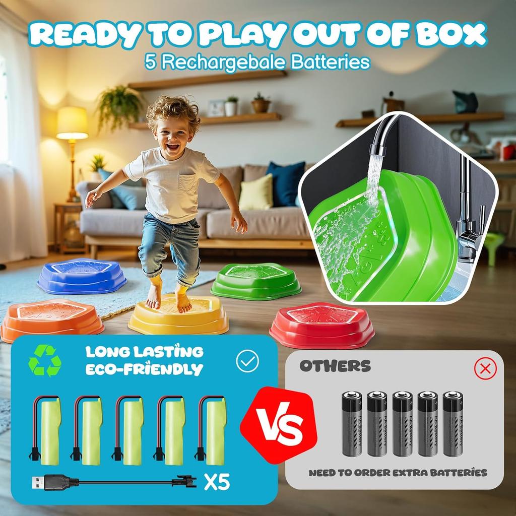 5Pcs Rechargeable Stepping Stones for Kids Toddler 3-5 with Light&Music,Balance Sensory Stepping Stones Indoor Outdoor Play,5 Long-lasting Batteries