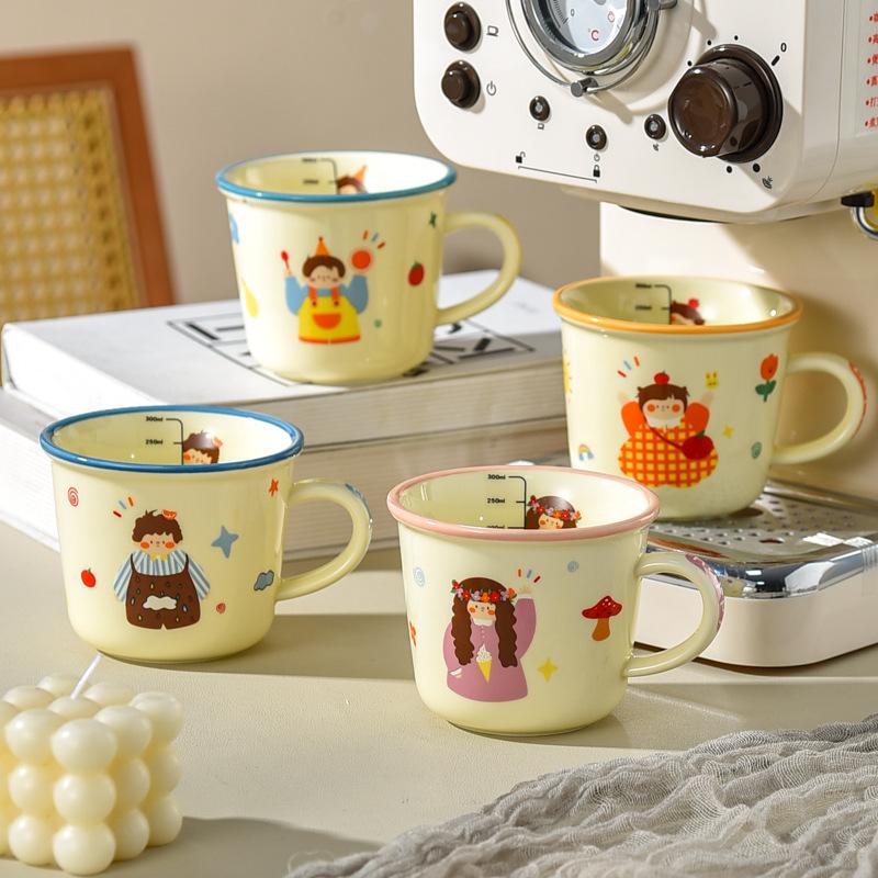 Milk Cup with Scale High Value Mug Ceramic No lid Cup for Household Children's Parent Child Water Cup Family Four
