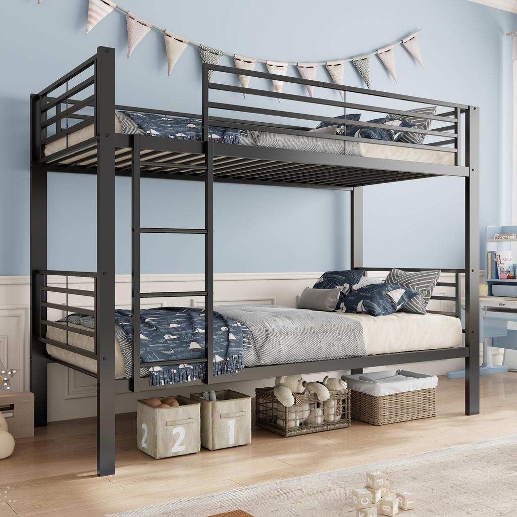 Metal Bunk Bed 90x200 Cm, Load Capacity Up To 350kg (150/200kg), Convertible To 2 Single Beds, Noise-free, Slatted Frame, Ladder Left/right, Black