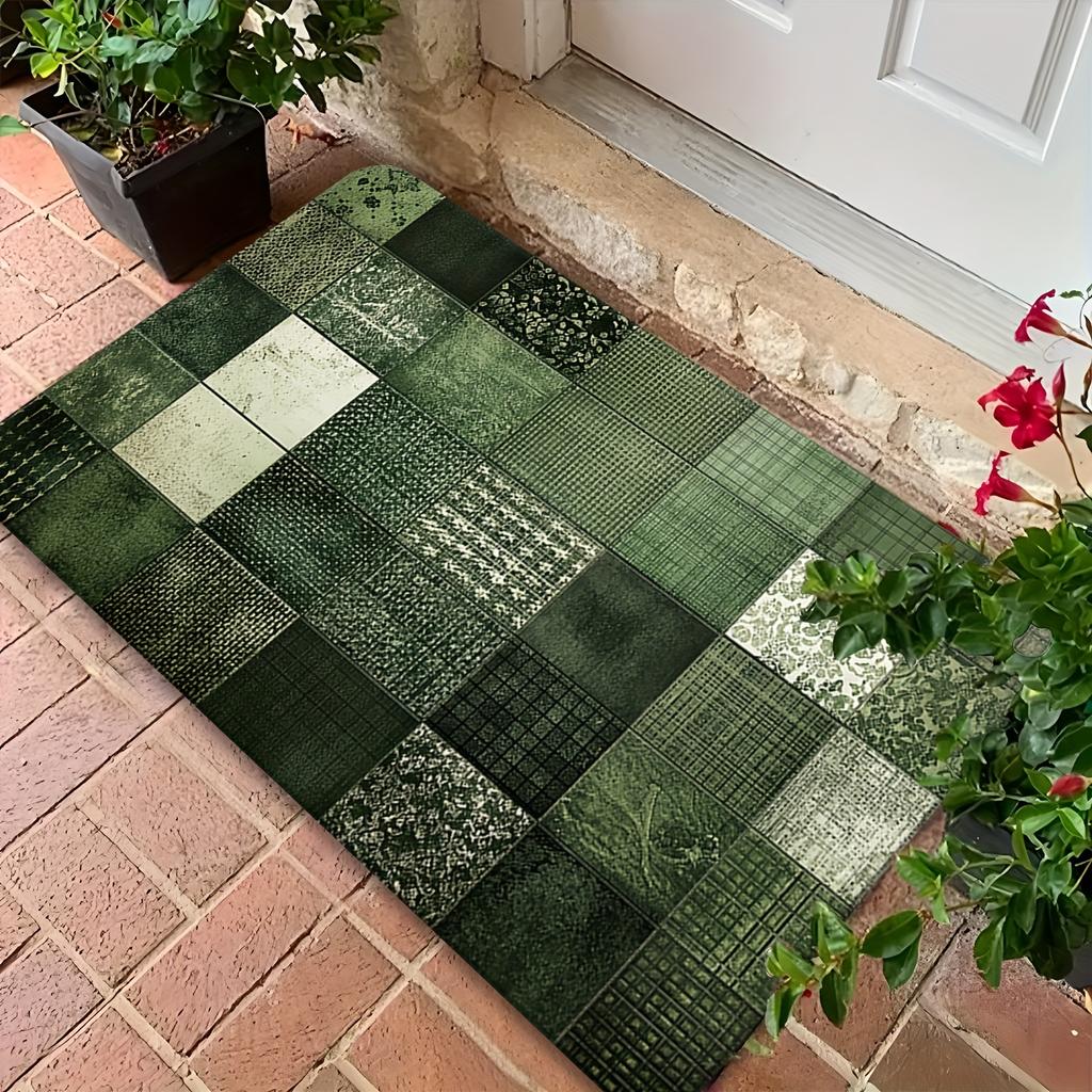 Vintage Green Plaid Floral Area Rug, Soft Non-Slip Machine Washable Floor Mat for Kitchen Laundry Room Hallway Home Decor
