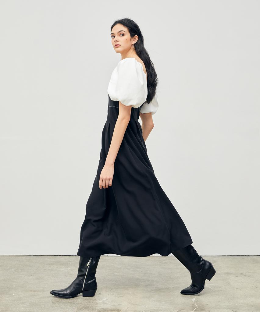 Onneu Stitched Puff Sleeve Maxi Dress Black