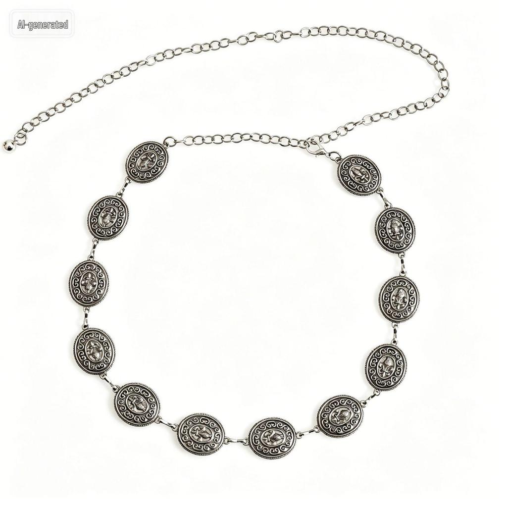 Ethnic Style Old Silver Waist Chain with Retro Carved Round Design - Versatile Clothing Accessory