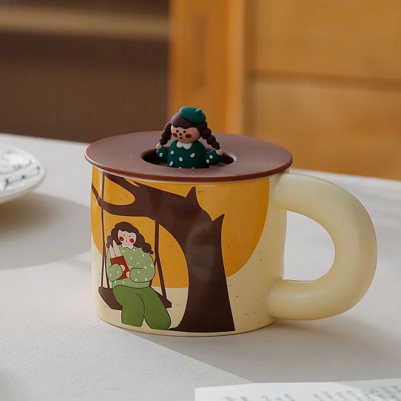 Retro Cartoon Ceramic Mug Ceramics Espresso Cup High-looking With Lid Mug for Coffee Creativity Personalized Gift Teaware Cafes