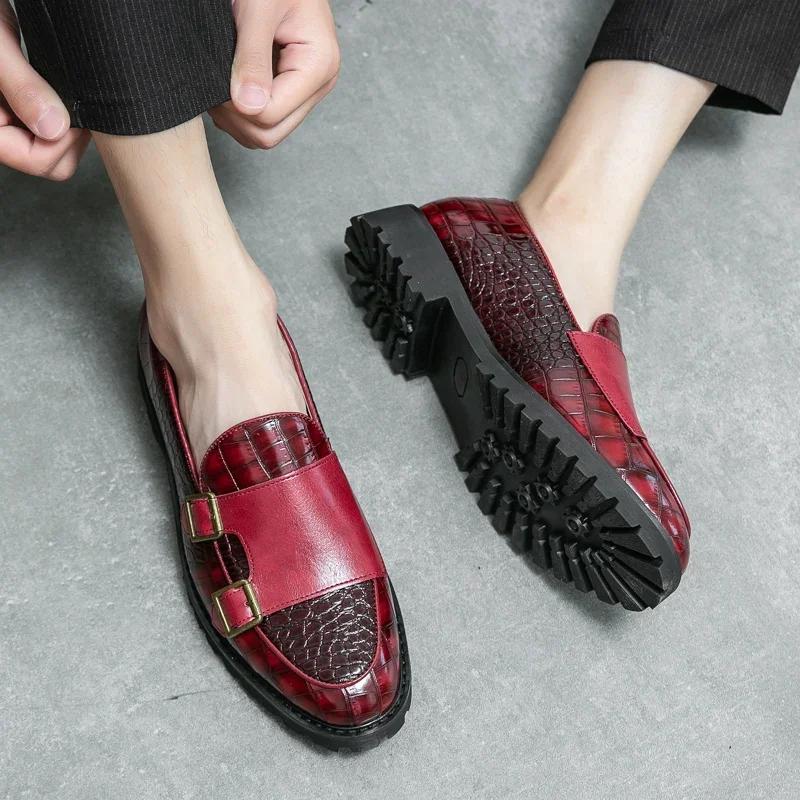 Fashion Men Monk Shoes Side Buckle Loafers Slip-On Leather Shoes Thick Sole Non-slip Men Specific Prom Dress Social Shoes 2024