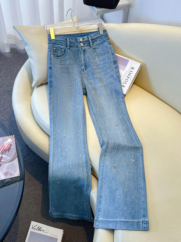 Women's High-Waisted Rhinestone Slim Fit Micro-Flare Denim Pants - 2026 Spring/Winter Trend