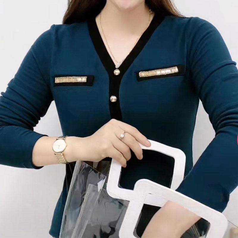 Casual Solid Color Spliced T-shirt Long Sleeve Commute V-Neck Spring Autumn Chic Diamonds Female Clothing Fashion Pullovers New