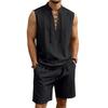 Men Solid Linen 2 Piece Outfit Mandarin Collar Lace Up Sleeveless Tank Drawstring Shorts Beach Set