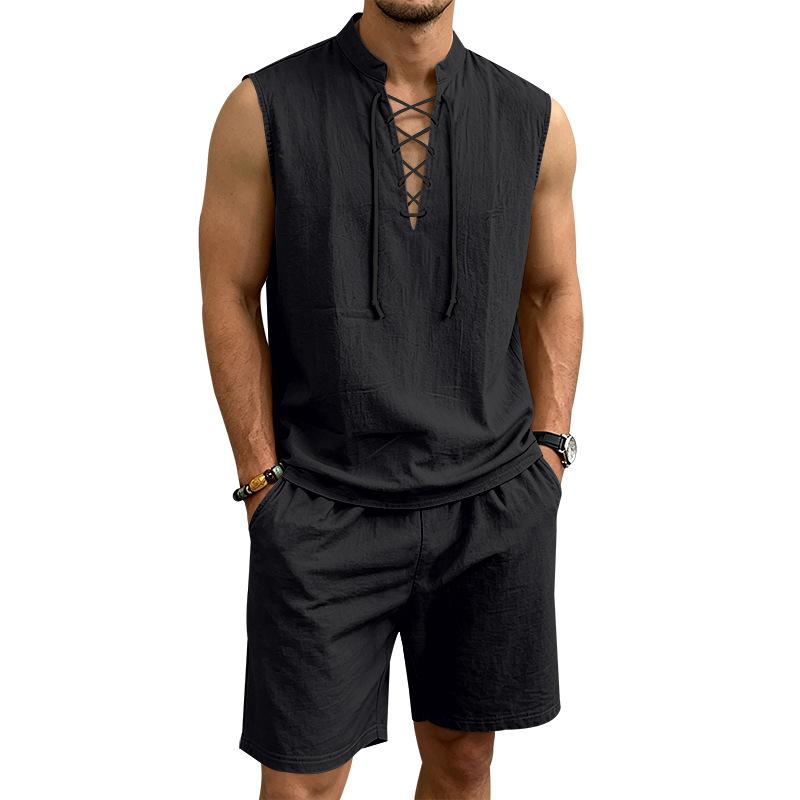 Men Solid Linen 2 Piece Outfit Mandarin Collar Lace Up Sleeveless Tank Drawstring Shorts Beach Set