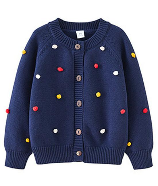 Hand-Crocheted Spring & Autumn Colorful Pom-Pom Girl's Cotton Cardigan