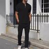 Mens Casual Waffle Knit Half Zip Short Sleeve T Shirt And Long Pants Set