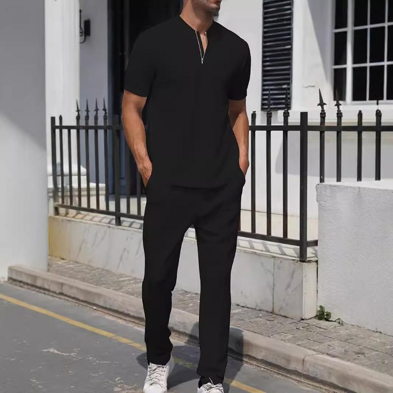 Mens Casual Waffle Knit Half Zip Short Sleeve T Shirt And Long Pants Set