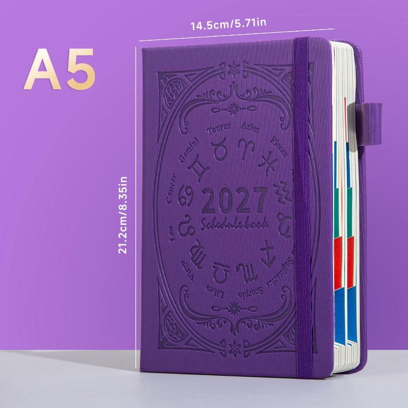2027 Zodiac Pattern Embossed Planner Notebook With Elastic Strap Pen Loop For Daily Schedule Office Study