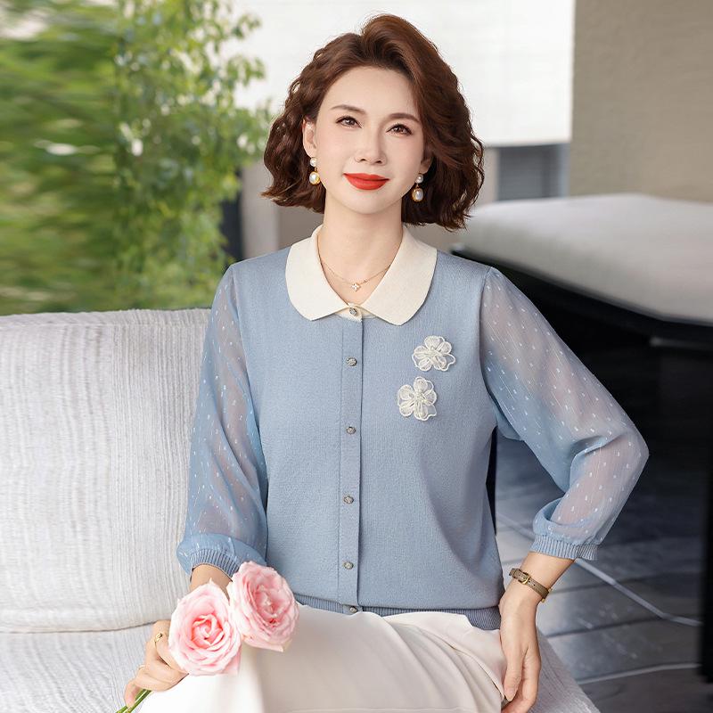 Spring Arrival: Loose Lapel Knit Top for Middle-Aged & Elderly Women – Lightweight, Stylish T-Shirt for Spring/Summer