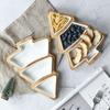 Ceramic Appetizer Dishes With Bamboo Tray Set Dinner Serving Tray Cake Fruit Dessert Plate Tree Dish (3 Saucers + 1 Tray)