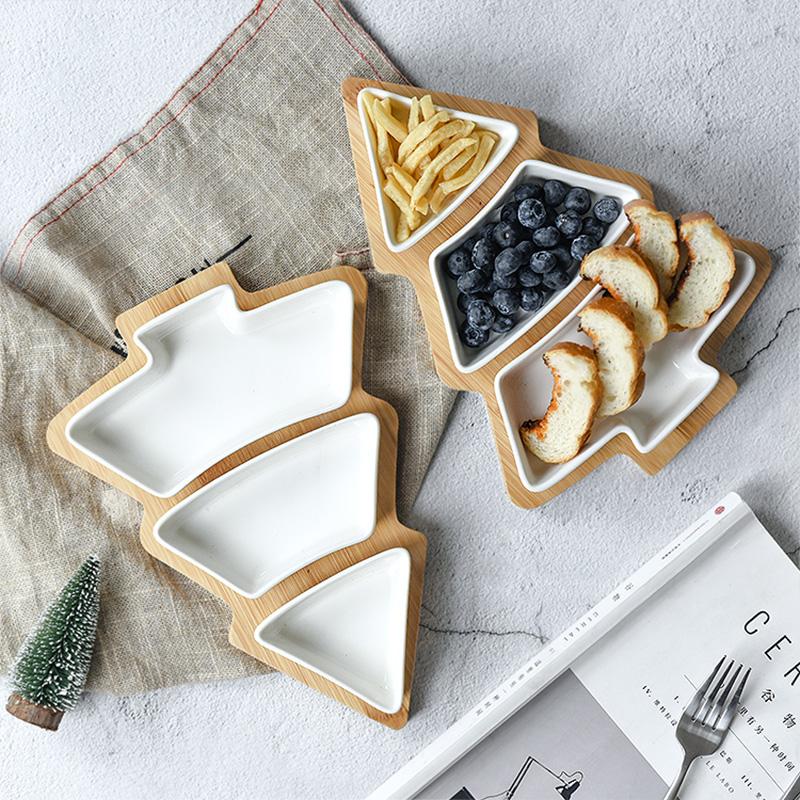 Mâncăruri din ceramică pentru aperitive cu set de tăvi din bambus. (3 farfurii + 1 tavă)