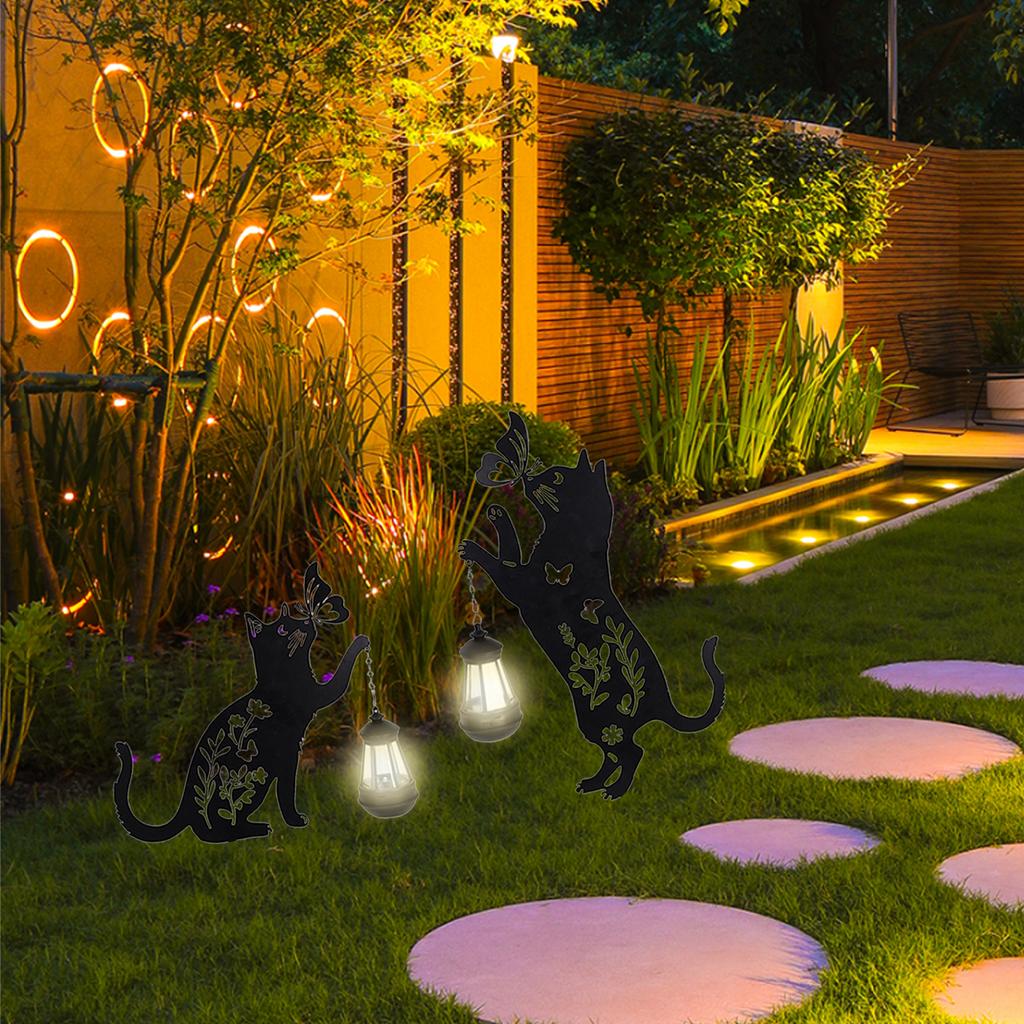 2pcs Solar Cat Silhouette Garden Stakes Black Metal Hollow Kitty Yard Decor Lights