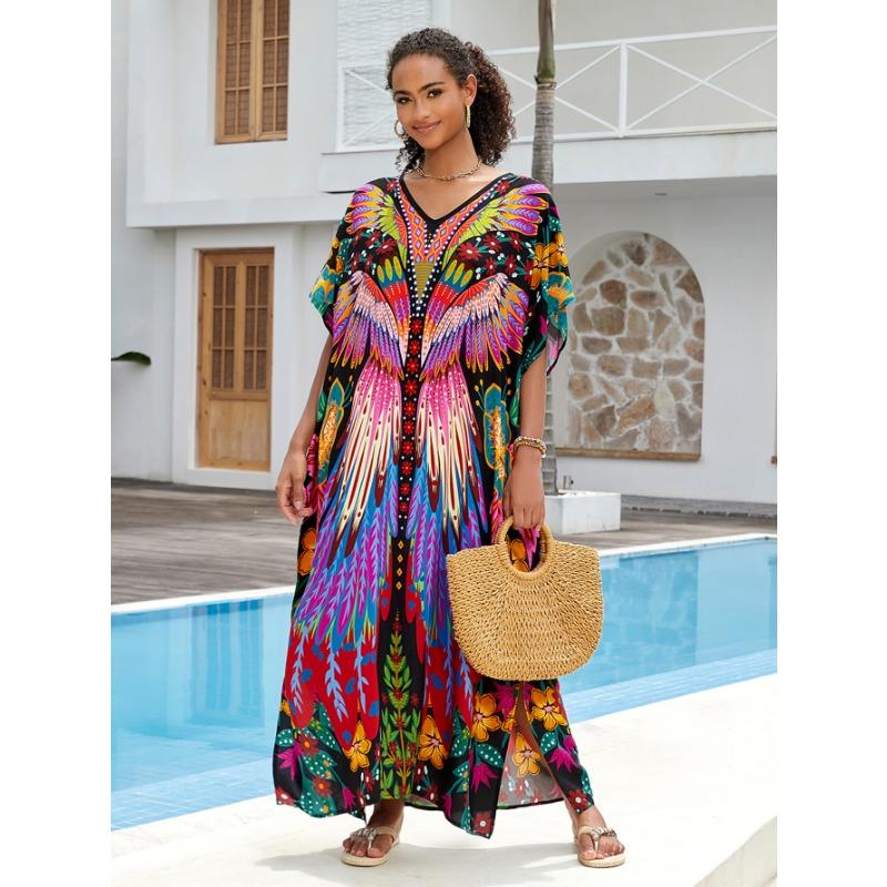 Plus Size Beach Print Dress for Women Bat Sleeve Bikini Suntan Cover Up