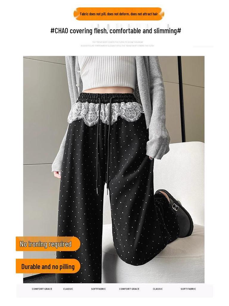 Black Polka Dot High Waist Lace Trim Wide Leg Sporty Pants for Women - Slimming, Casual, Spring/Autumn 2025