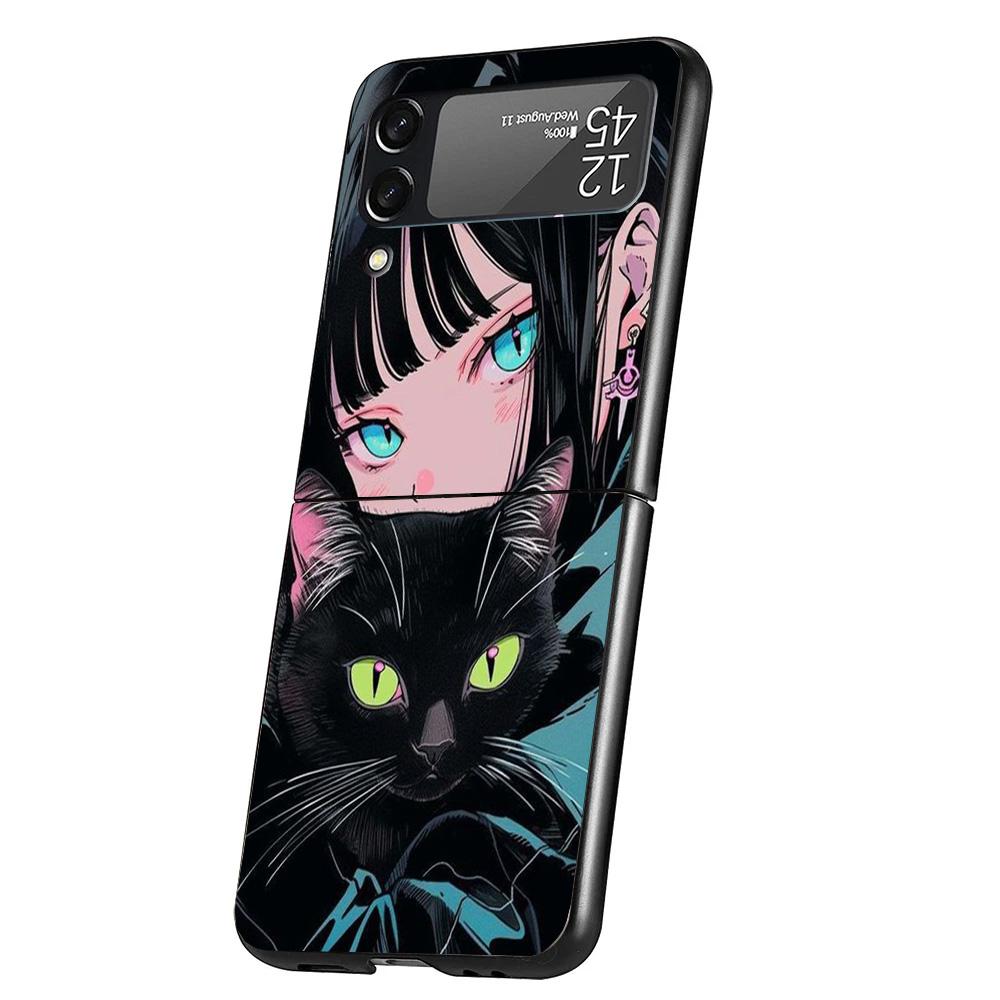 Anime Girls Cute Black Cat Cover Phone Case For Samsung Galaxy Z Flip 7 6 5 4 3 5G Flip7 Flip6 Flip5 Flip4 Flip3 Black Fundas Sh