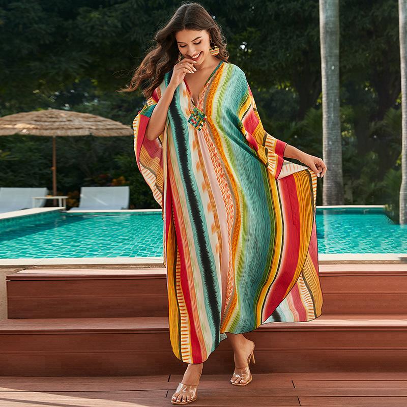 New European and American cross-border human cotton printing vacation loose large size long dress beach dress long dress women s bikini blouse one size fits all